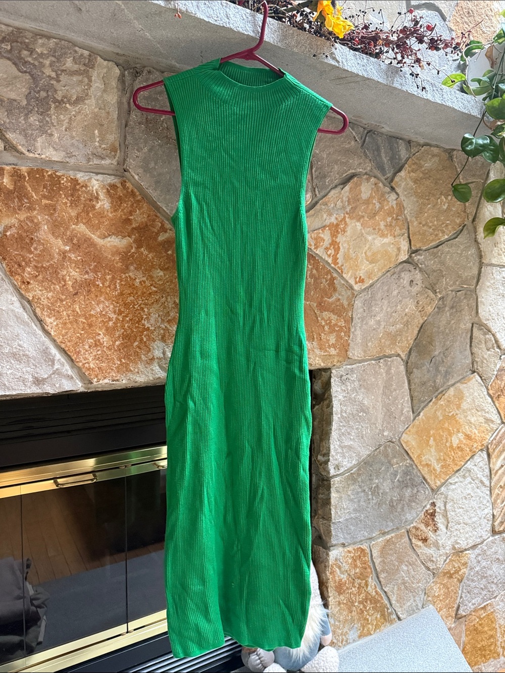 Babaton Green Ribbed Mock-Neck Midi Dress